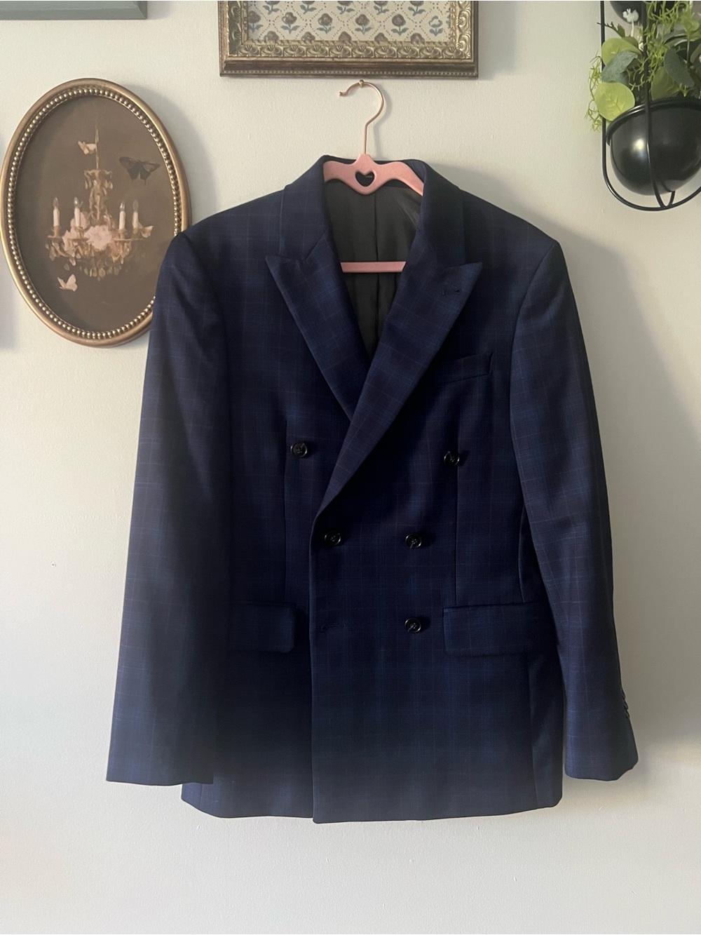 Joseph Abboud Double-Breasted Navy Plaid Sport Coat